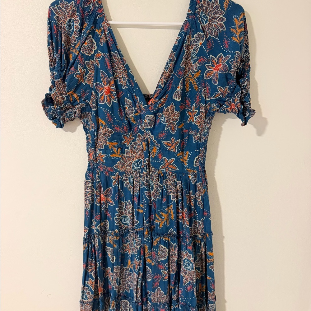 Angie Teal Blue Floral V-Neck Tiered Dress